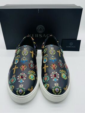 Versace Slip On Sneakers Medusa Baroque Jewel Print Leather Multicolor Size 38
